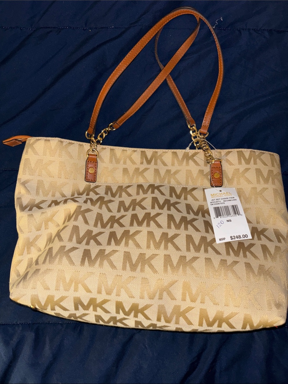 Michael Kors Beige MK Logo Tote with Tan Leather Straps